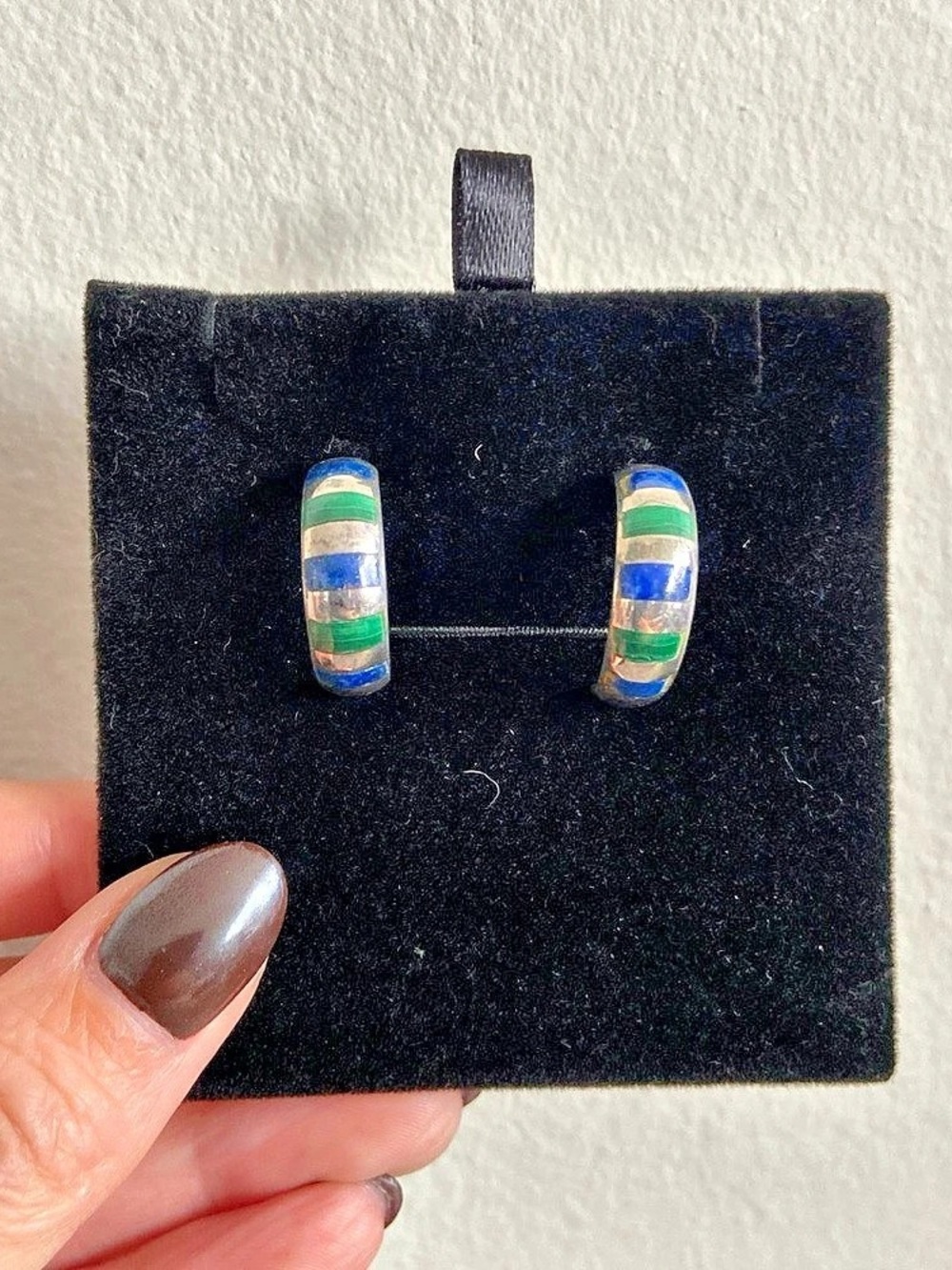 Vtg Sterling Silver HalfHoop Earings With Inlay Stones Southwestern